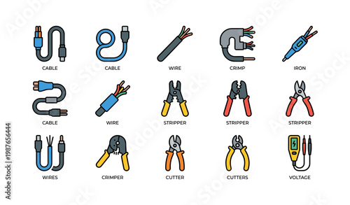 Collection of electrical tools and cables including crimpers, cutters, and strippers