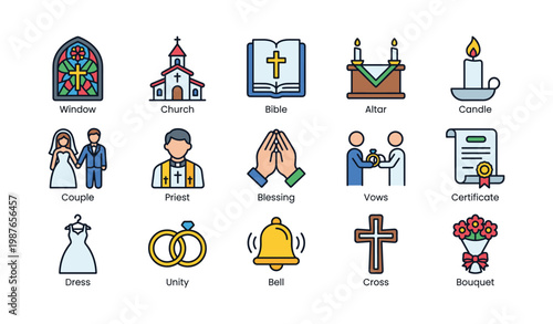 Church symbols: bible, altar, cross, candle, wedding icons and more