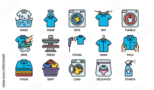 Laundry process icons: wash, rinse, spin, dry, iron, fold, load, sort, starch