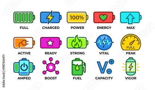Colorful battery icons representing power and energy levels with symbols