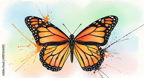 A monarch butterfly painted in soft watercolor style, orange and black wings