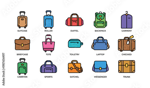 Illustrated collection of colorful luggage types including suitcases and backpacks