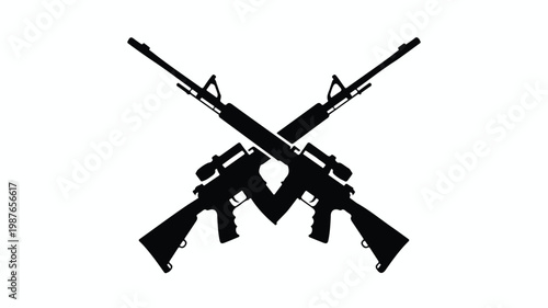 Two crossed rifles form a striking silhouette illustration against a neutral backdrop