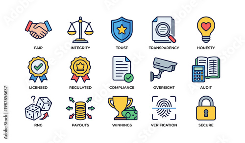 Icons representing fairness and security concepts in business and auditing