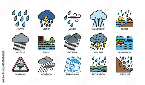 Weather icons depicting various storm conditions and natural disasters