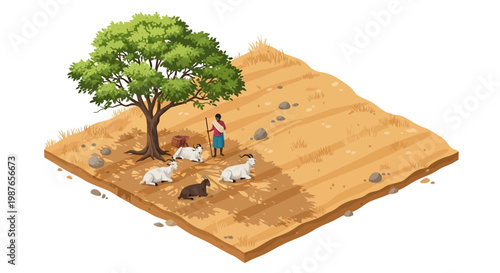 Isometric illustration showing a shepherd tending to sheep resting near a tree, embodying the heat and humidity of the Indian summer season with a bright, sunny day and dry landscape