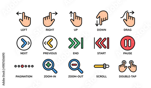 Colorful navigation icons for touch gestures and media controls