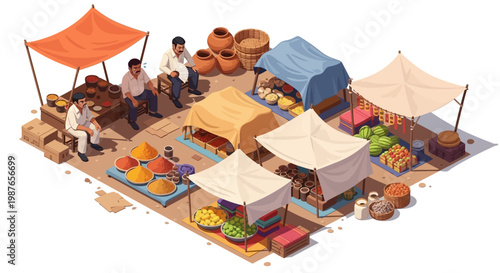 Isometric view of an Indian marketplace showcasing vibrant spices and goods under shaded stalls, creating a scene that captures the essence of a hot day in India, with bright, sunny
