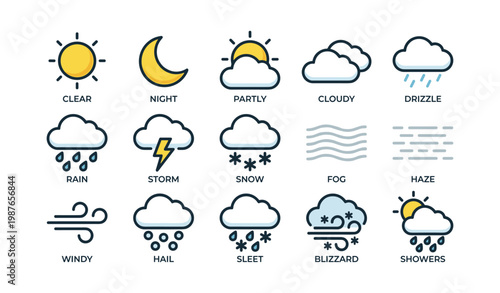 Weather icons collection: sun, moon, clouds, rain, storm, snow, wind, fog