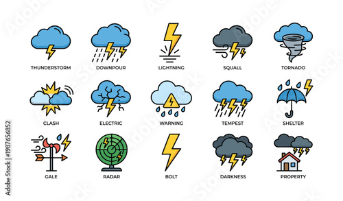 Weather icon set featuring storms, lightning bolts, tornadoes, and rain clouds