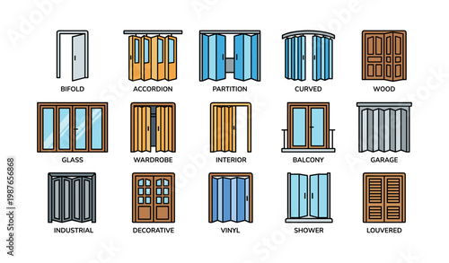 Various types of doors: bifold, accordion, partition, curved, wood, glass, wardrobe, interior, balcony, garage, industrial, decorative, vinyl, shower, louvered