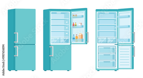 Three turquoise refrigerators shown in various stages of being open