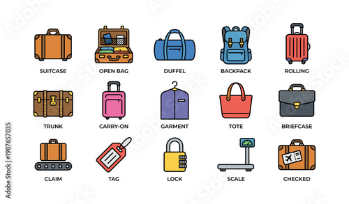 Colorful travel luggage and accessories icons collection