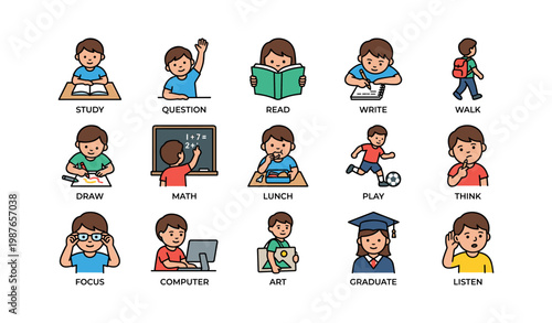 Animated illustrations of children in various educational and recreational activities