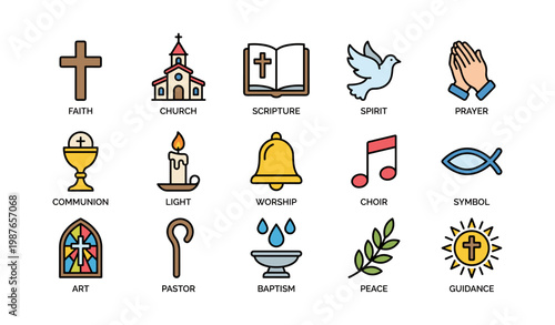 Faith symbols: church cross bible dove praying hands candle music notes stained glass