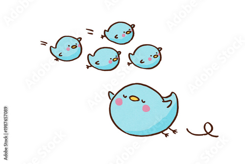 One bird flying in the opposite direction against the flock, uniqueness and contrarian concept