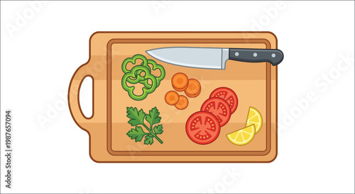 Colorful vegetables and a knife are arranged on a wooden cutting board