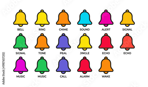 Colorful bell icons: diverse alert and notification symbols in various shades