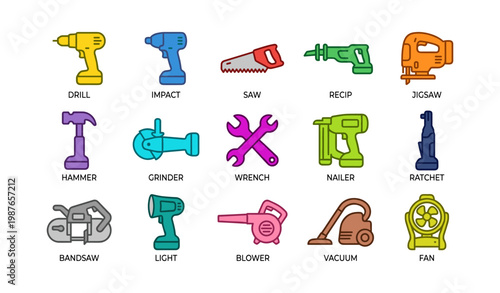 Colorful cartoon tool set with drills, saws, and wrenches