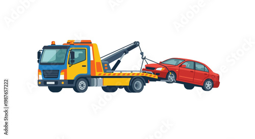 A yellow tow truck transporting a red car illustrating roadside assistance services