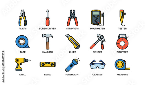 Essential hand tools icons set: pliers, screwdriver, and more