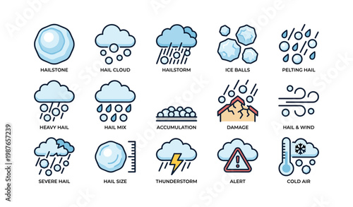 Hail weather icons depicting hailstones, storms, wind, thunderstorms, and cold air