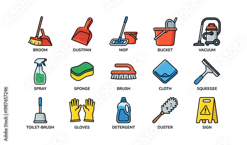 Colorful cleaning tools set with broom mop vacuum bucket and more icons