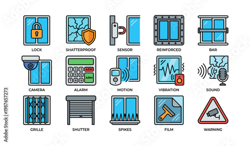 Home security elements: lock, alarm, sensor, camera, grille, shatterproof, shutter, motion detection