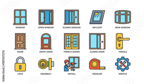Window and door icons set with tools and installation elements
