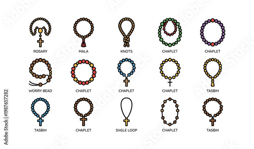Variety of prayer beads: rosary, mala, chaplet, tasbih, worry bead styles illustrated