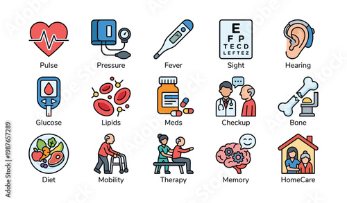 Medical health icons representing various aspects of healthcare and wellness