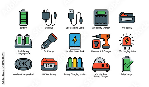 Battery charging devices collection with tools and accessories