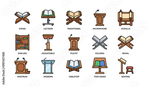 Collection of various podiums and bookstands with descriptions illustrated on white background