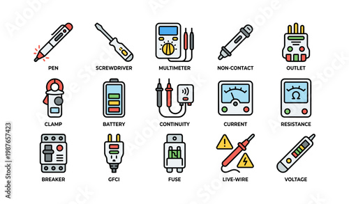 Electrical tools and devices illustration featuring multimeter and circuit components