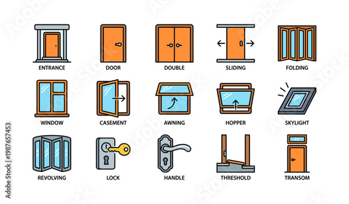 Types of doors and windows icons: entrance, sliding, casement, lock, handle