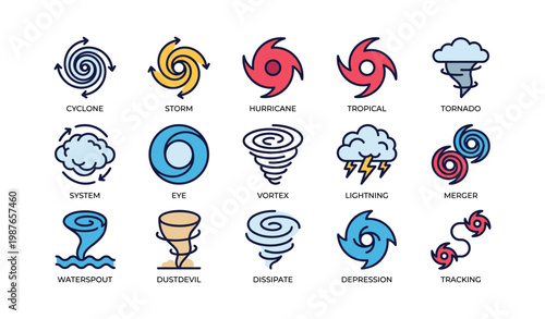 Weather icons set: cyclone, storm, hurricane, tornado, lightning