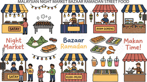 Malaysian Night Market Bazaar Ramadan Street Food, Illustration Doodle Cartoon Collection