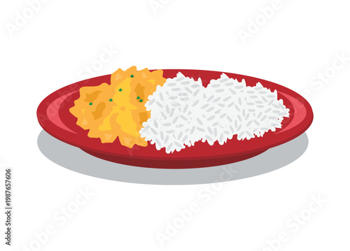 A plate of rice with scrambled egg side dish. Simple flat illustration. 
