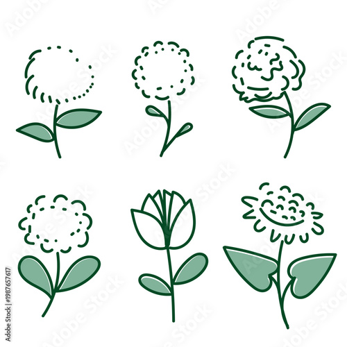Hand drawn abstract floral line art set. Collection of minimalist green botanical doodles