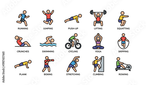 Colorful fitness icons depicting diverse sports and exercises