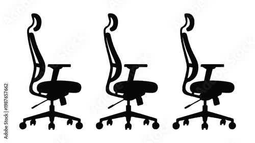 Three office chairs are arranged side by side in a row
