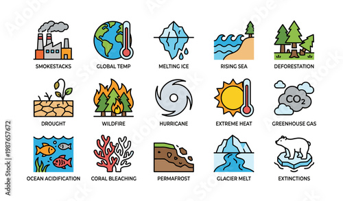Environmental challenges icons: climate change, deforestation, wildfires, global warming, ocean acidification