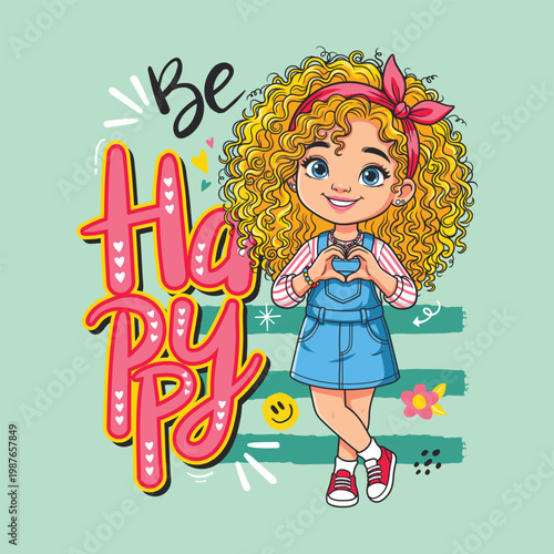 Cute Cartoon Girl Character with Curly Hair and Happy Expression Illustration