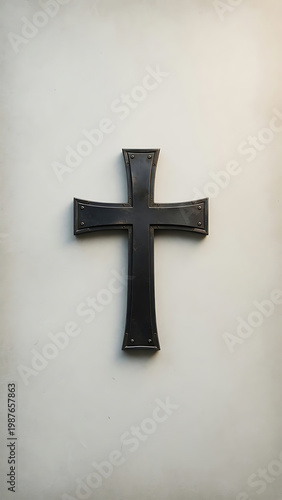 Ornate Black Cross Symbol Against a Textured Gray Background with Subtle Lighting