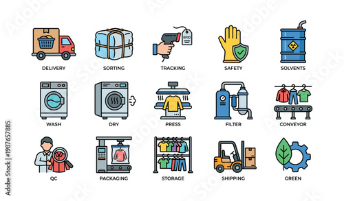 Logistics and production icon set: delivery, sorting, tracking, safety, green operations