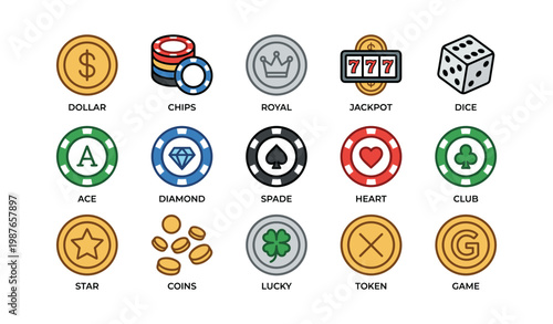 Casino icons set: chips, royal, jackpot, dice, ace, diamond, spade, heart, club, star, coins, lucky, token, game