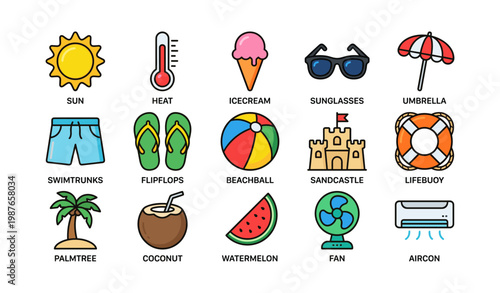Summer icons: sun, heat, ice cream, sunglasses, umbrella, swim trunks, flip flops, beach ball, sandcastle