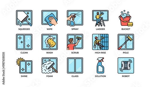 Window cleaning tools and techniques: squeegee, spray, ladder, foam, robot