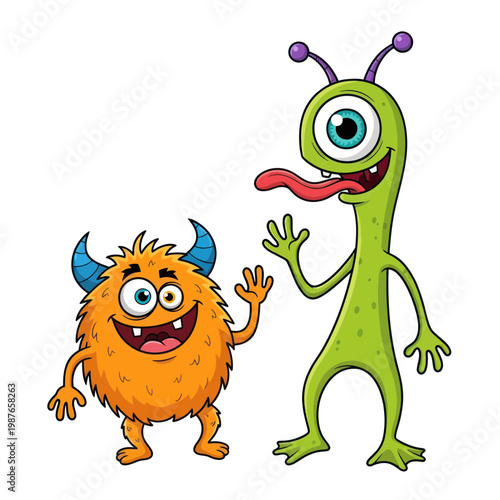 Foto Cute cartoon monsters, friendly aliens, funny characters, illustration, white ba