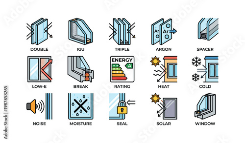 Illustrated icons of window types and features including energy and weather adaptations